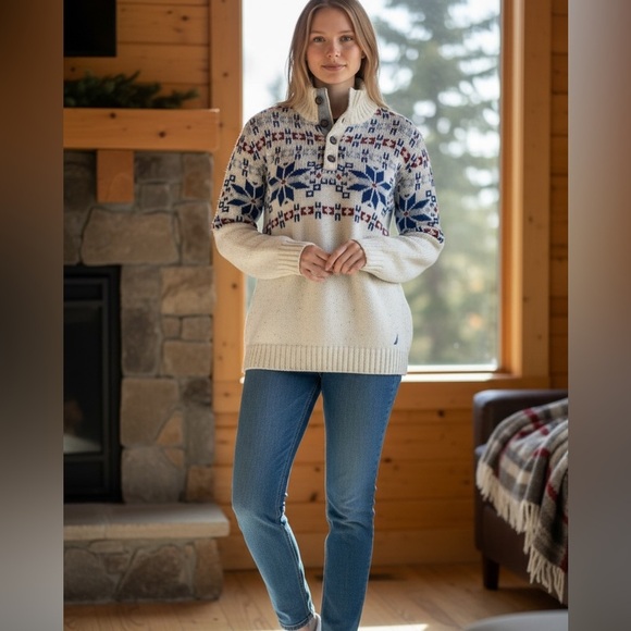 Nautica Other - Vintage Nautica Cream Red and Blue Patterned oversized Sweater XL